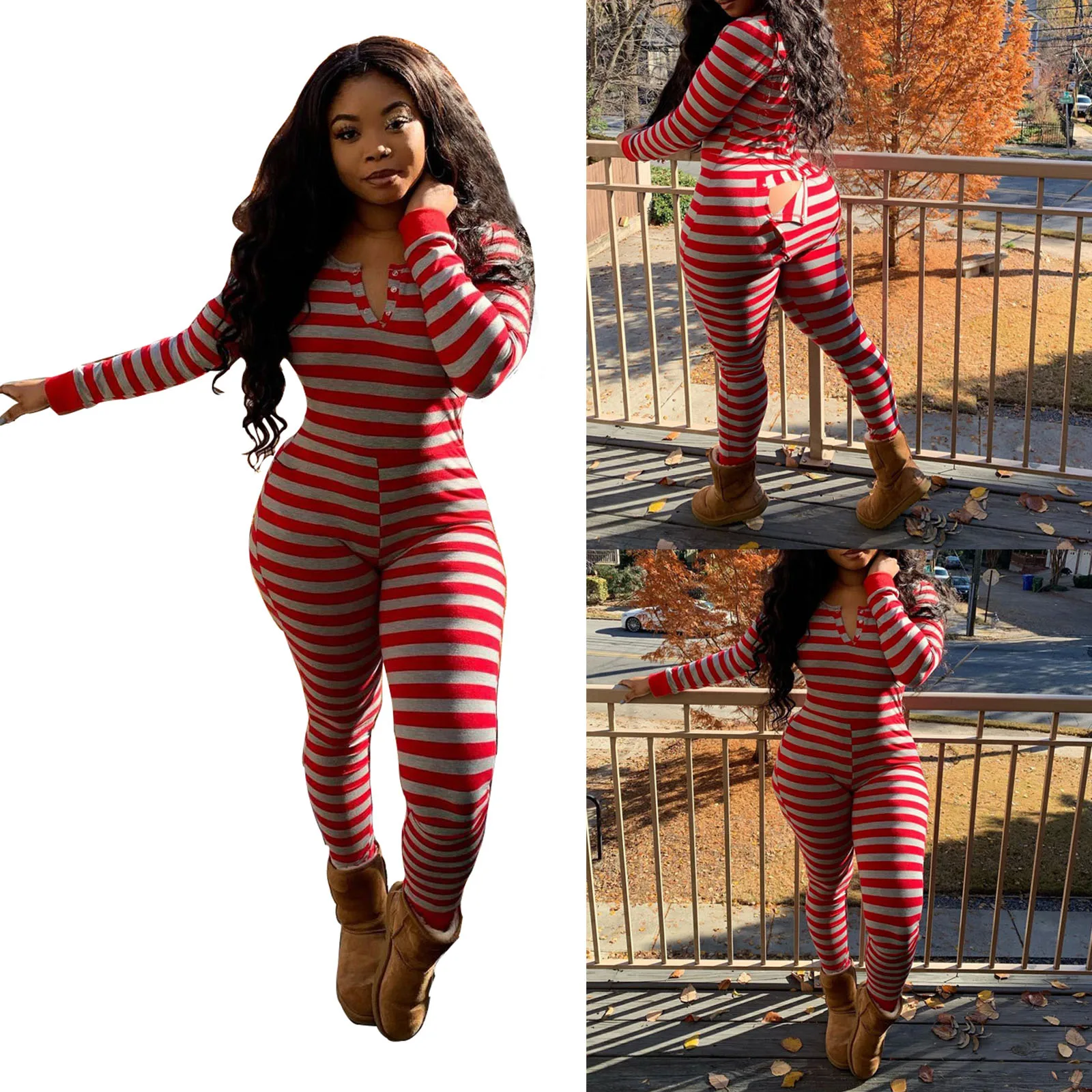 Sexy Women Ladies Deep V Neck Overalls Butt Flap Pajamas Sleepwear Long Sleeve Bodycon Bodysuit Jumpsuit Rompers Clubwear