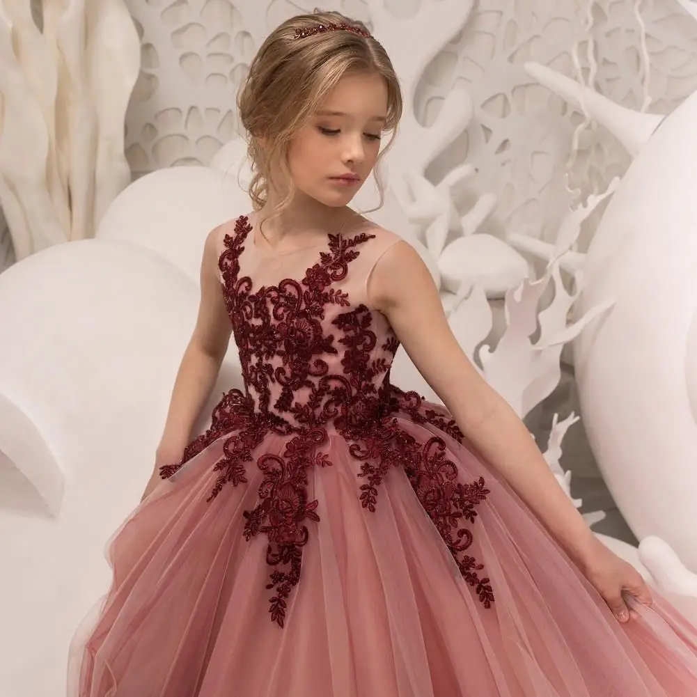 

Flower Girl Dresses For Weddings Sleeveless Ball Gown Tulle Appliques Beaded First Holy Communion Dresses For Little Girl