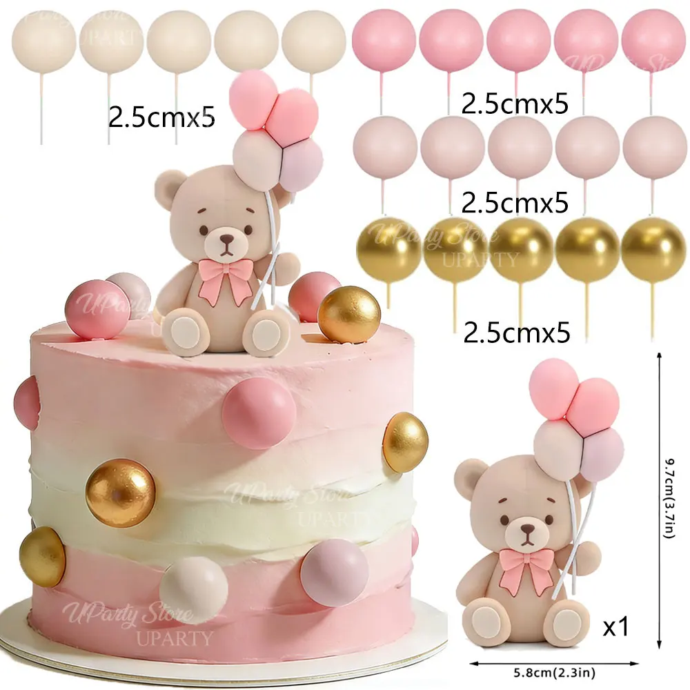 Pink Bear & Rainbow Cake Toppers Set - Baby Shower & Birthday Decorations