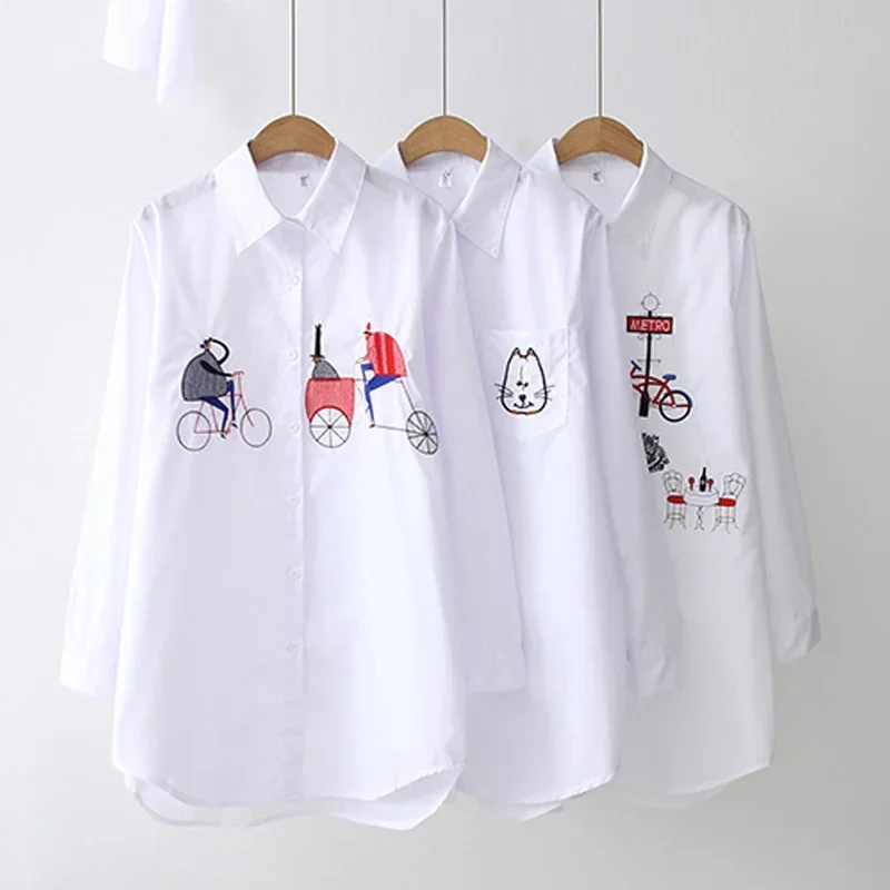 White Cotton Long Sleeve Embroidery Blouse for Women