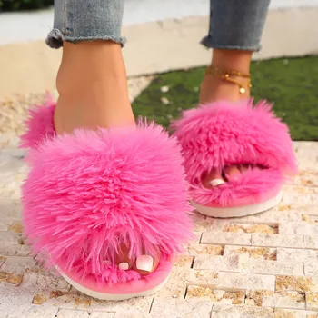 New Fluffy Slippers Women's Home Plush Slides Woman Fur Living Room Shoes Fashion Female Indoor Comfort House Flip Flop Eva 1