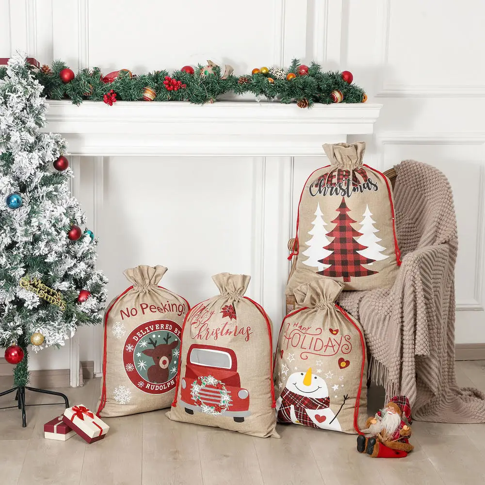 

1pcs Large Drawstring Gift Bags Christmas Linen Burlap Bag Santa Claus Snowman Elk Printing Present Storage Gift Bag