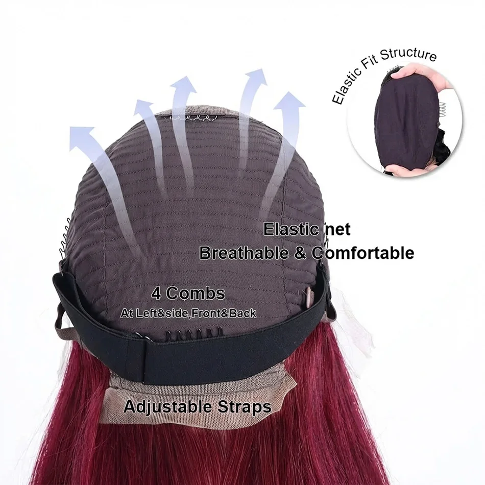 250 Density Red 99J Straight Colored 13x4 Lace Front Human Hair Wigs Burgundy Transparent Lace Frontal Human Hair Wig For Women 5