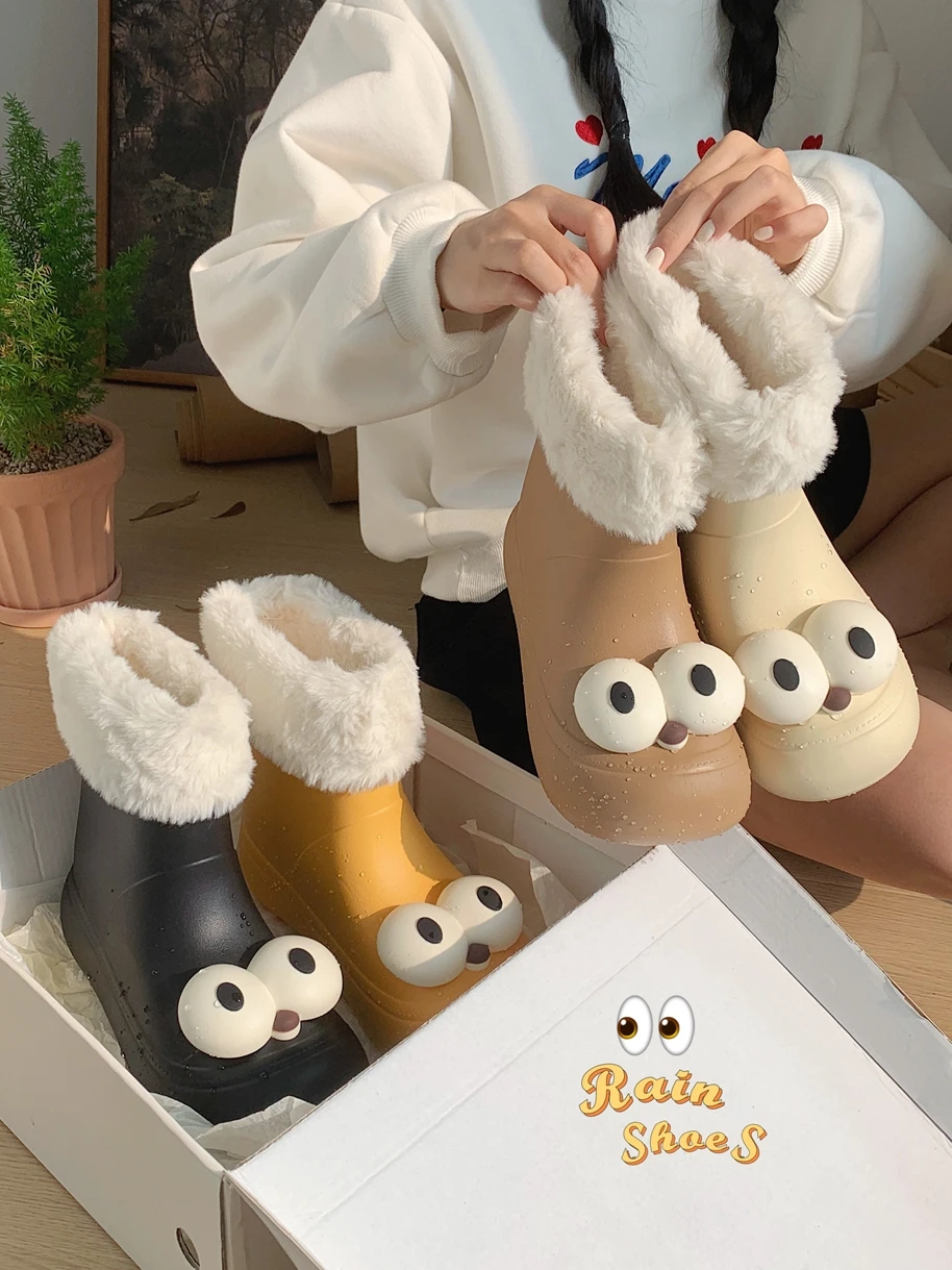 Cute Big Eyes Waterproof Anti Slip Snow Boots For Women 2023 Winter Warm And Plush Mid Length Boots
