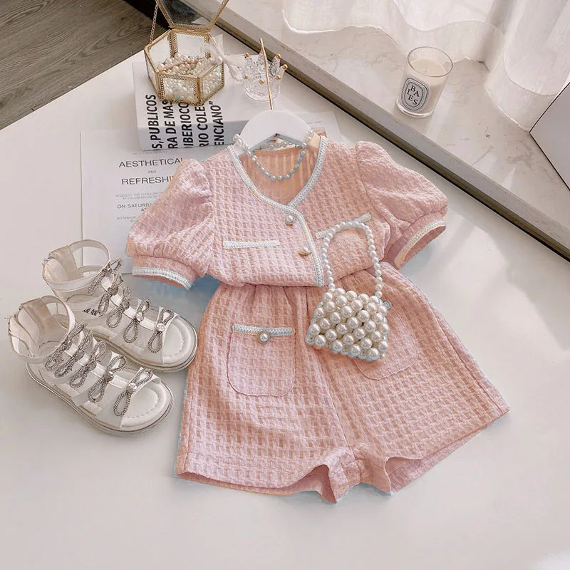 

Girl High Waist Slim Wide Leg Shorts Two Piece Set Summer Sweet Small Fragrance Clothes Set High Quality Solid Colors Top+Pants