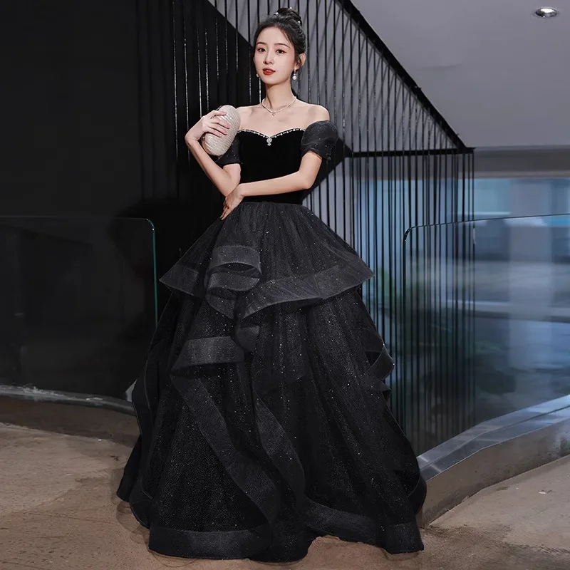 

French Black Evening Dress Beaded Off Shoulder Tulle Tiered Princess Cake Quinceanera Dresses Bling Long Birthday Party Gown