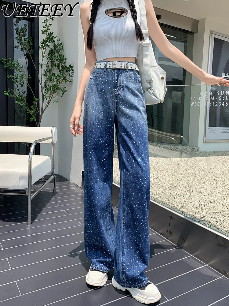 

Women's Rhinestone Jeans Spring Autumn Hot Rhinestone Gradient Wide-Leg Pants High Waist Straight Loose Pants Mop Trousers Ins