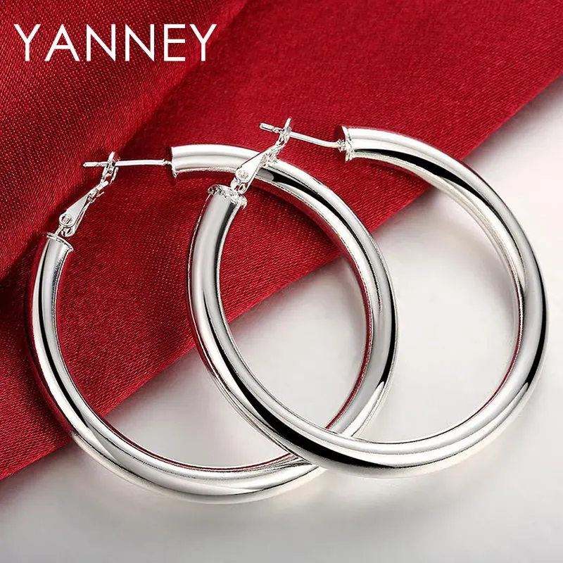 

925 Sterling Silver Polished 50MM Simple Round Hoop Earrings For Women Fashion Luxury Wedding Party Gift Jewelry