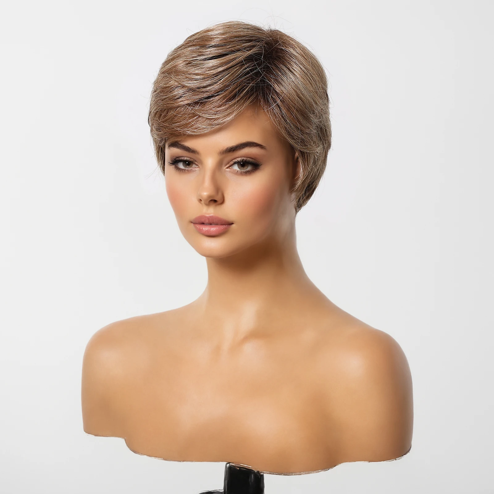 Short Straight Fashion Blend Human Hair Wigs Chestnut Brown Pixie Cut Human Hair with Bangs Women Soft Machine Made