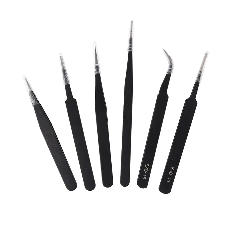 6PCS Stainless Steel Lash Tweezers Black Straight Point Elbow Nail Art Tweezer Makeup Eyelash Extension Applicator Beauty Tools 2