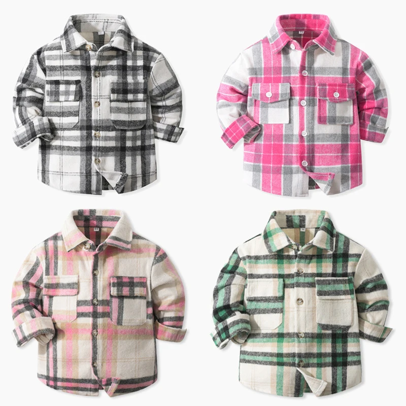 

Spring Autumn Fashion Baby Boy Long Sleeve Cotton Plaid Shirt Lapel Collar Button Design Casual Classic Kids Thick Warm Blouses
