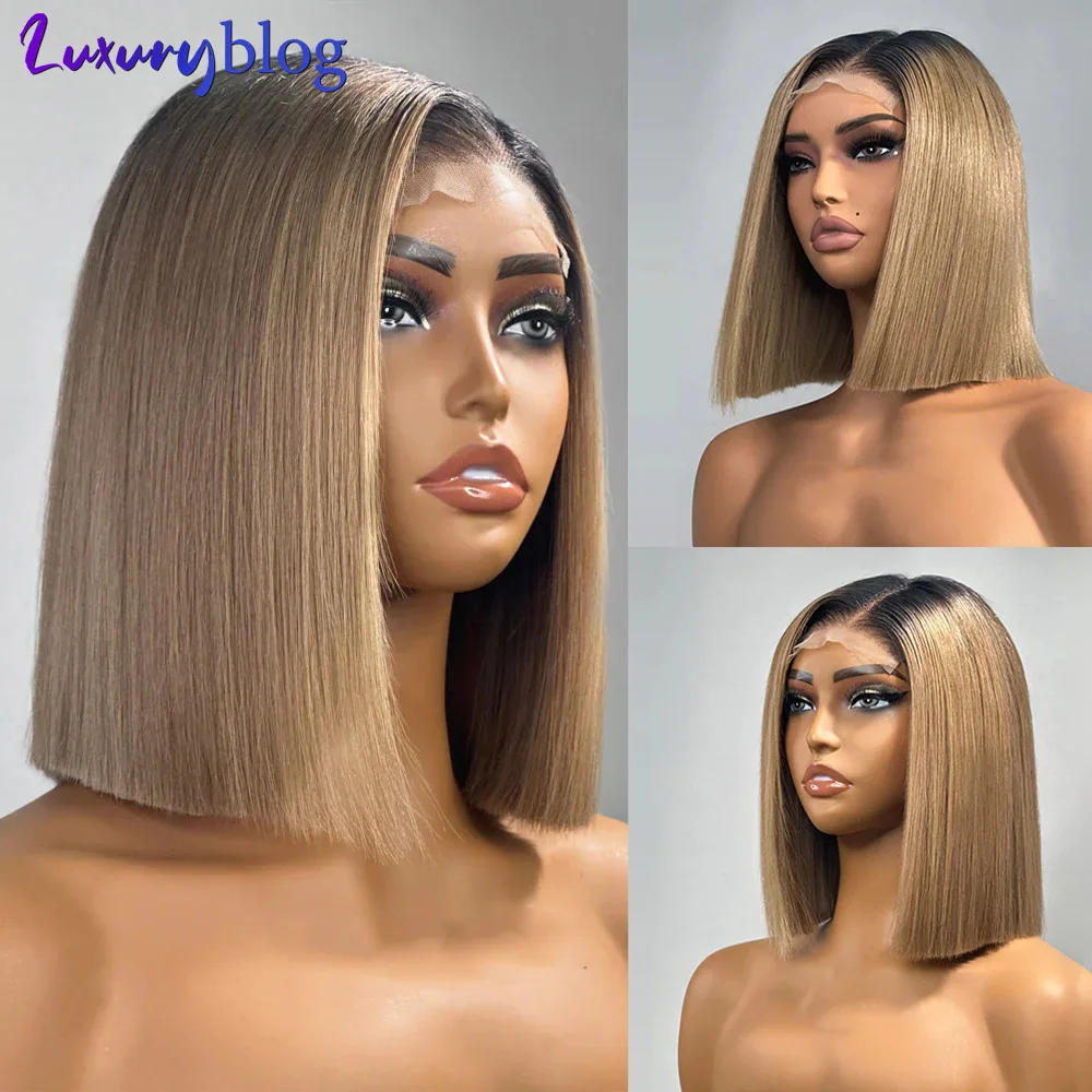 

Ash Honey Blonde Human Hair Bob Wigs Short Straight Lace Frontal Wig for Women Ombre 13x4 Pre Plucked Remy Hair Colored Wig