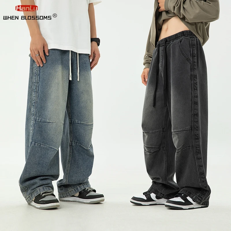 2024 New Harajuku Vintage Blue Cargo Jeans Men's Oversized Grunge Y2K Denim Pants Hip Hop Streetwear Baggy Wide Leg  Trousers houzhou y2k street fashion jeans hip hop women vintage letter print large baggy jeans new harajuku casual gothic wide leg pants