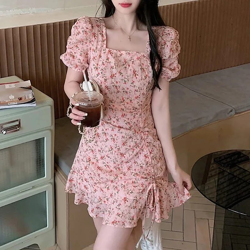 Sweet Pink Flowers Mini Dress Summer Vintage Shirring Female Clothing Elegant V-Neck Drawstring A-Line Waist Dresses