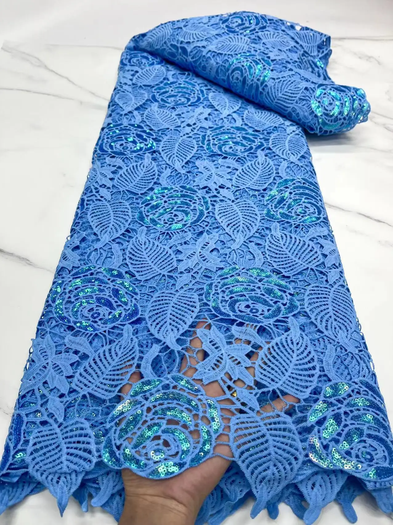 

African Sky Blue Mesh Lace 5 Yards Punch Fabric 2022 High Quality Nigerian Sequins Cord Lace Swiss For Women Party Dress Sewing