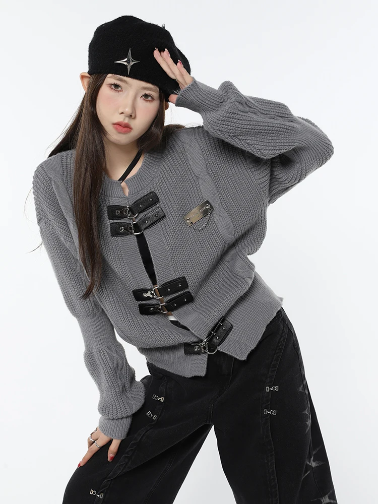 

Korean Fashion Winter Women's Knitting Y2K Loose Preppy Style Cardigan Casual Grey Drawstring Sweater For Femme Clothing