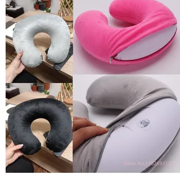 1PC cuscino da viaggio a forma di U portatile pigro gonfiabile collo supporto cervicale corto peluche ufficio sonno elementi essenziali 1