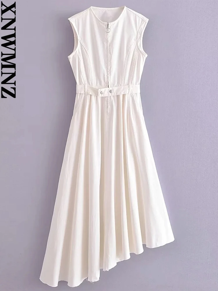 

XNWMNZ Women Fashion Asymmetric Length Dress Vintage O Neck Sleeveless Zipper Belt Seamless Hem Female Chic Dresses