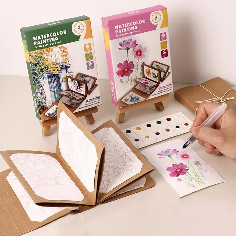 9장/세트 수채화 그림 세트, 두꺼운 수채화 접이식 보관 책(펜 포함), 명절 생일 선물, 파티 선물