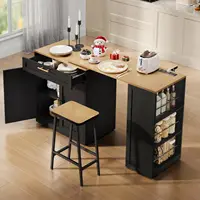 Expandable Kitchen Island with Seating, Power Outlet, Storage & Wheels - Black