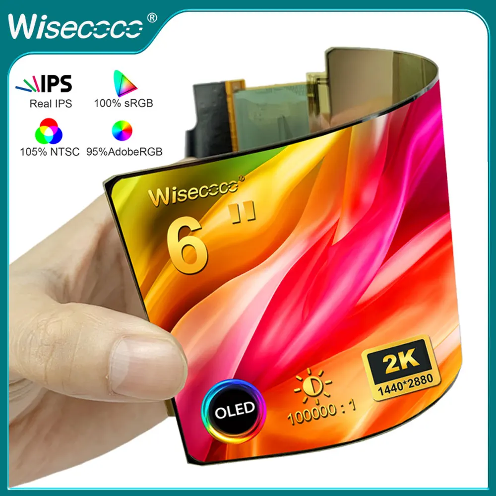 

Wisecoco 2K OLED Flexible Display 6 Inch IPS 2880x1440 AMOLED Ultra Slim Bendable Flexible Screen With Type C HDMI Driver Board