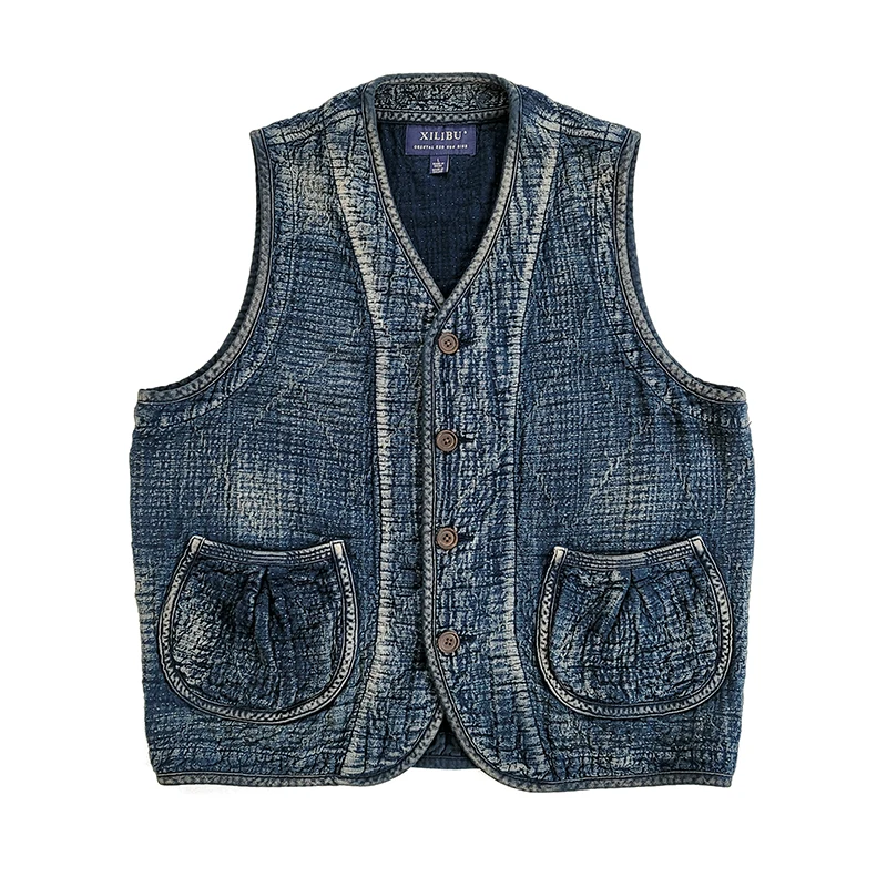 

Men's Amekaji Wear Clothes Blue Dyed Vest Vintage Distressed Artistic Coat