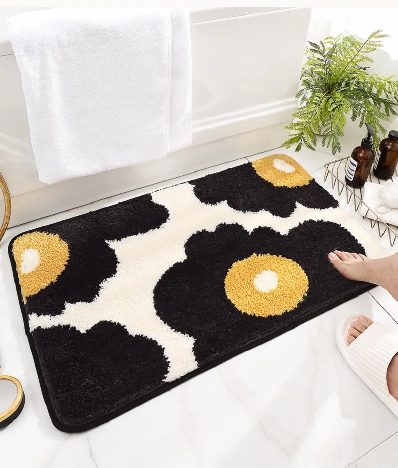 

Inyahome Cute Bath Mat Soft Superfine Fiber Black Flower Floor Mat Bathroom Non Slip Water Absorbent Rug коврик в ванную комнату