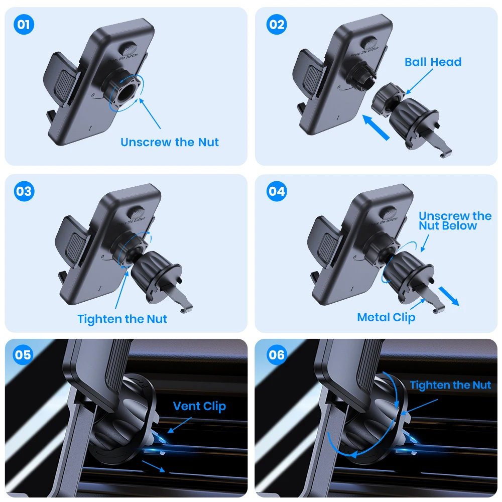 Universal Air Vent Phone Holder for Car - Adjustable Clip with 360° Rotation, Fi