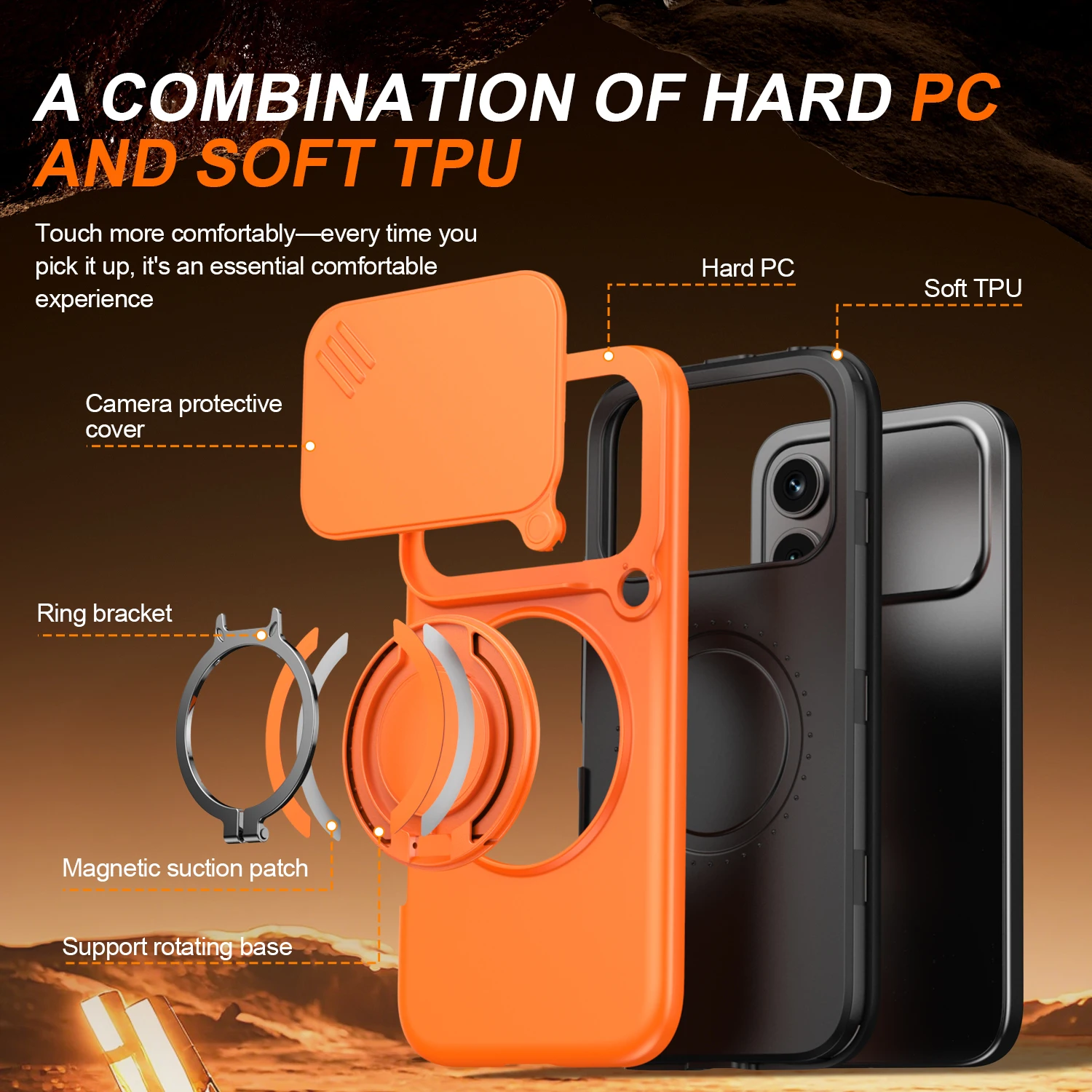 Magnetic Ring Stand Phone Case with Slide Camera Lens Protection and Durable Frame