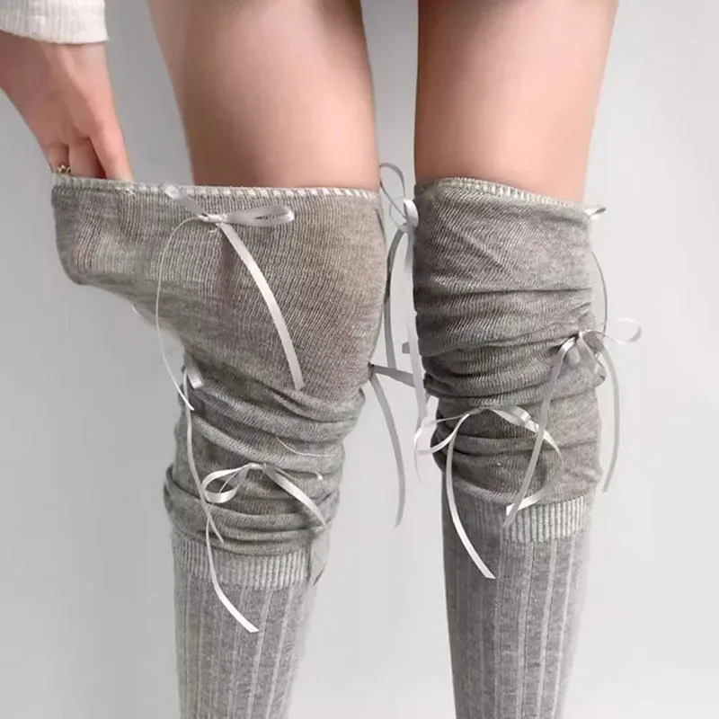 Lace Tied Ribbon Velvet Over Knee Socks Lolita Cute Sweet Calf Socks Women's Mid-Leg Kawai Thigh High Socks
