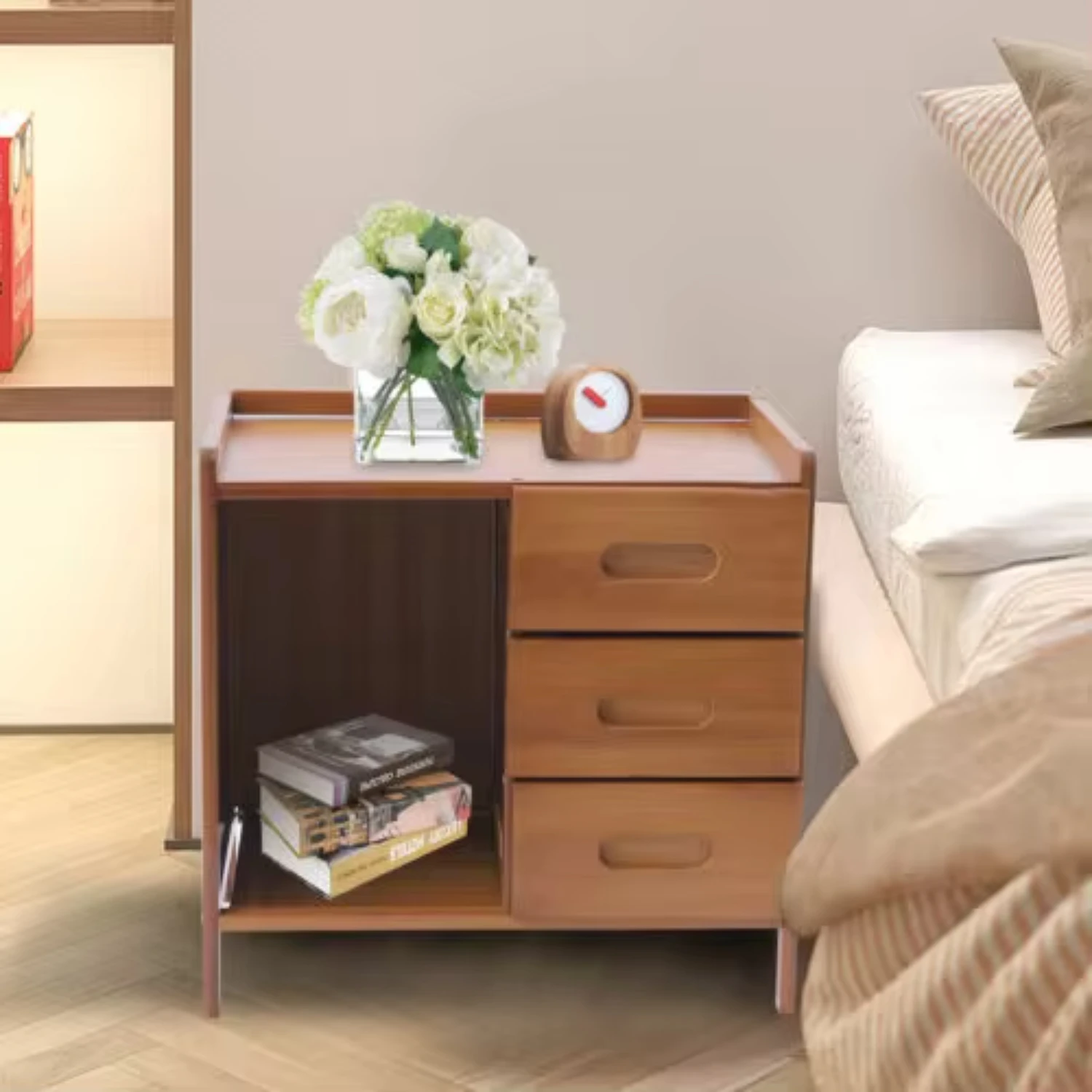 Bamboo Bedside End Table Brown Nightstand with Drawers and Open Shelf Sofa Side Stand Cupboard Living Room Bedroom Or Office