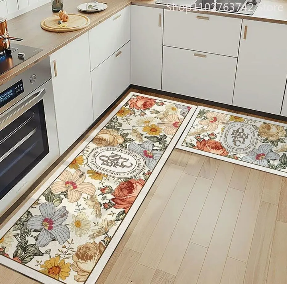 Kitchen Floor Mat Long Flower Soft Area Rugs Bathroom Non-slip