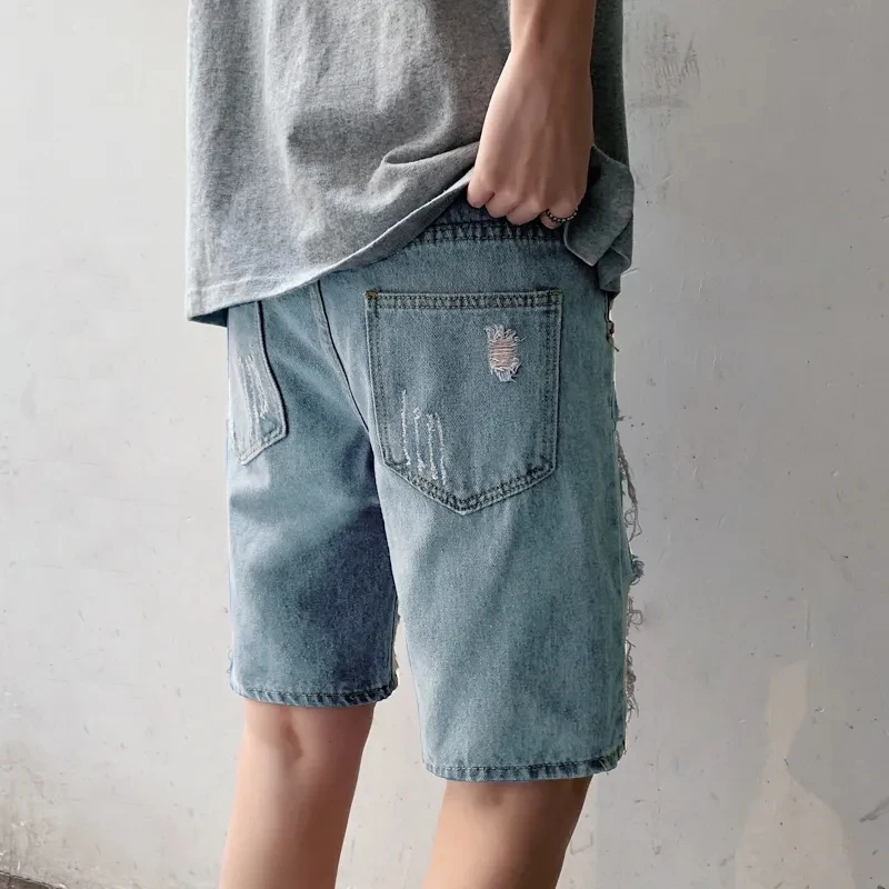 Summer Loose And Perforated Jeans 2024 Korean Version High-Quality Thin And Cute Anime Printed Denim Shorts For Men And Women