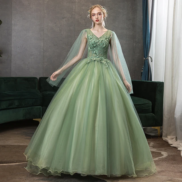Green Quinceanera Dresses V-neck Sleeveless Ball Gown Flower Embroidery  Forest Fairy Prom Dress Plus Size Robe De Bal - Quinceanera Dresses -  AliExpress