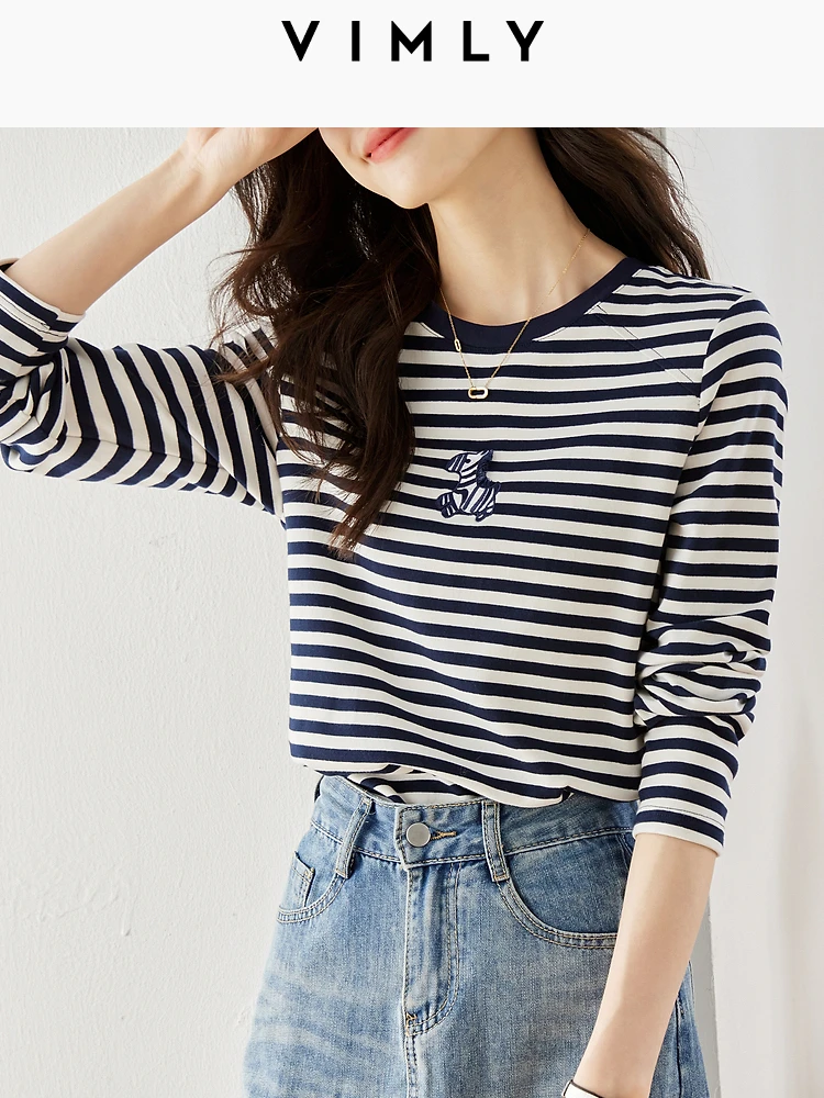 

VIMLY Women's Striped T-shirt Embroidery Long Sleeve Tops 2023 Autumn Korean Fashion Casual Base Shirt Female Clothes M2532