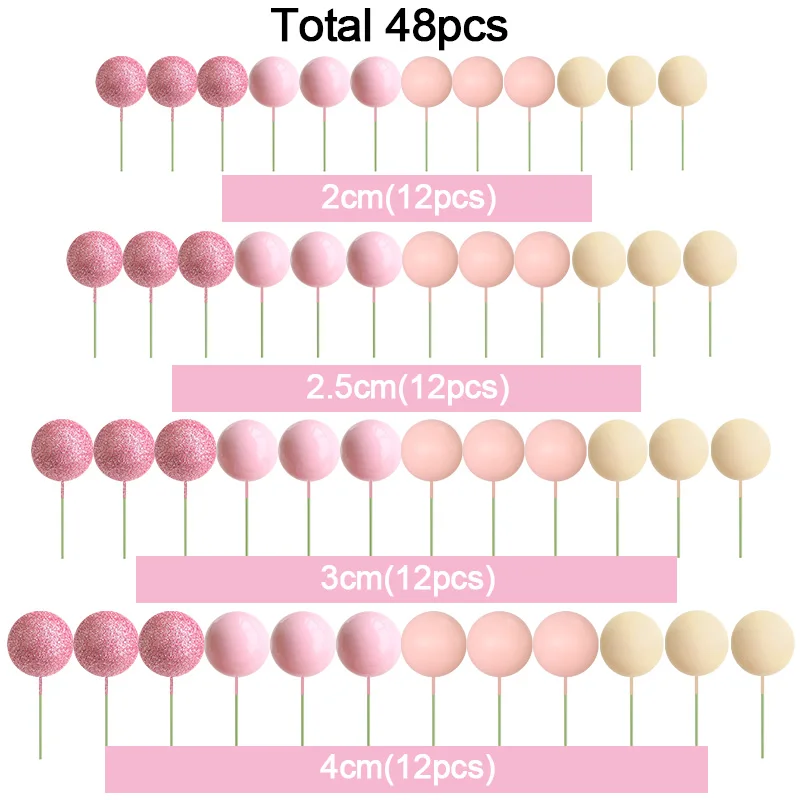 48Pcs/set Pink Theme Cake Decoration Balls Cake Topper DIY Cupcake Dessert Insert Foam Balloons Birthday Party Wedding Supplies