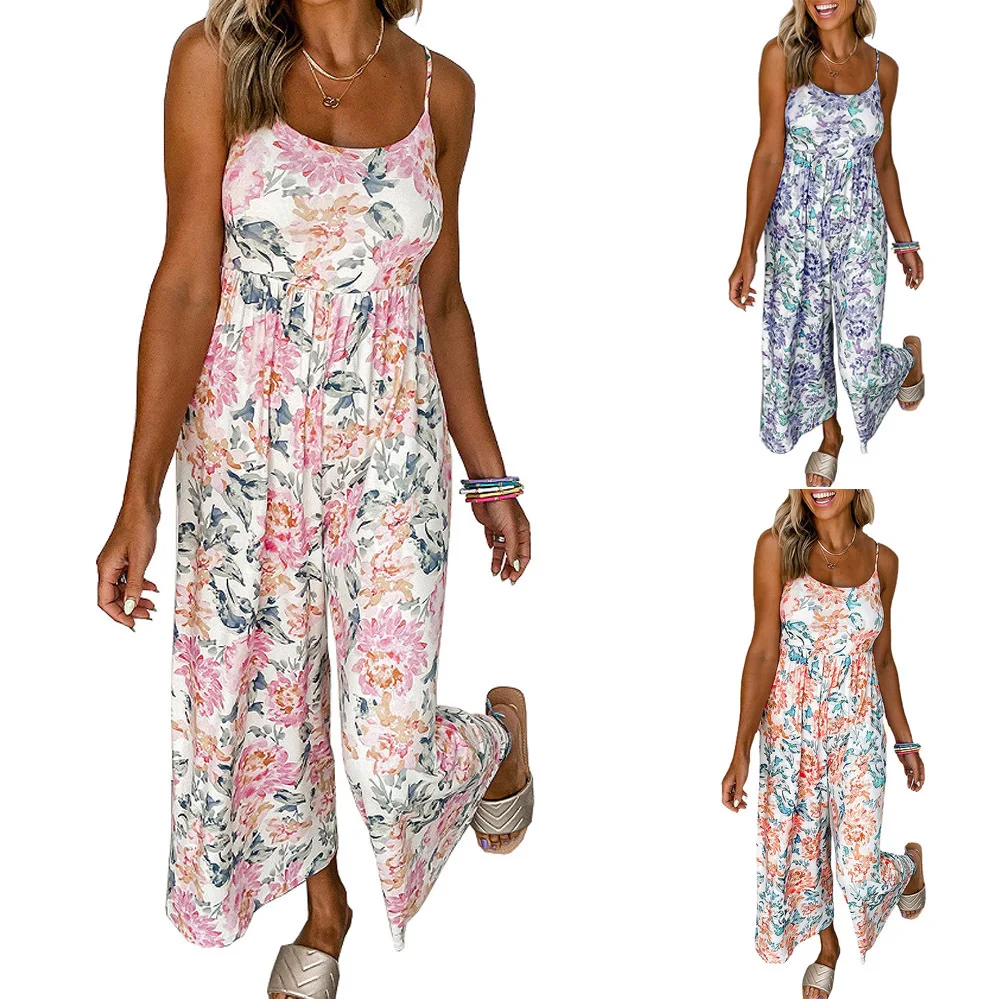 BKLD 2023 Summer High Waist Wide Leg Pants Jumpsuit Female Floral Pritned Spaghetti Strap Open Back Jumpsuits Woman One Pieces