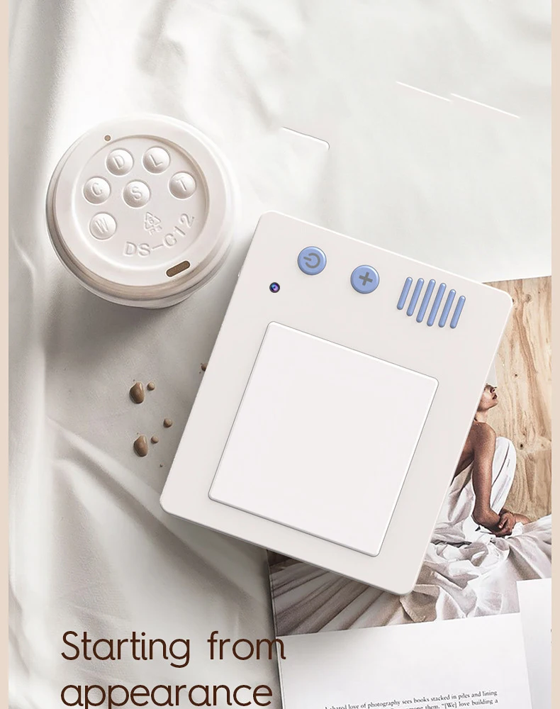 A sleek, square white device with circular controls sits beside a white, circular lid and a magazine showcasing a person in all white. Text reads, "Starting from appearance." Its sophisticated design conceals its real function: the Night Light Clock SpyCam with 1080P HD recording capabilities.