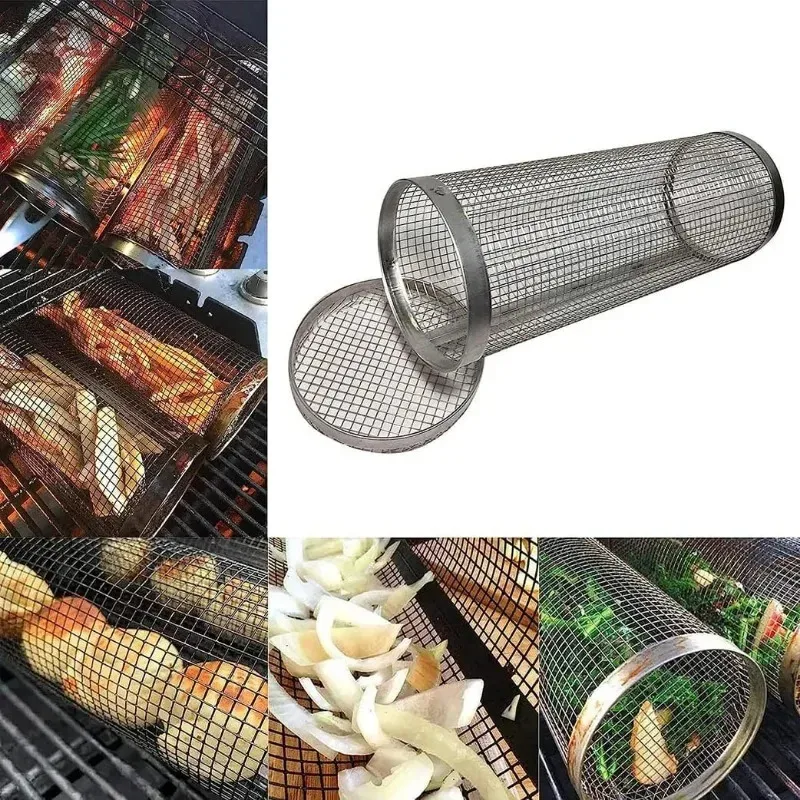 Outdoor Camping Barbecue Round Barrel Rolling Grill Basket Grill Cage Grill Rack Grill Mesh