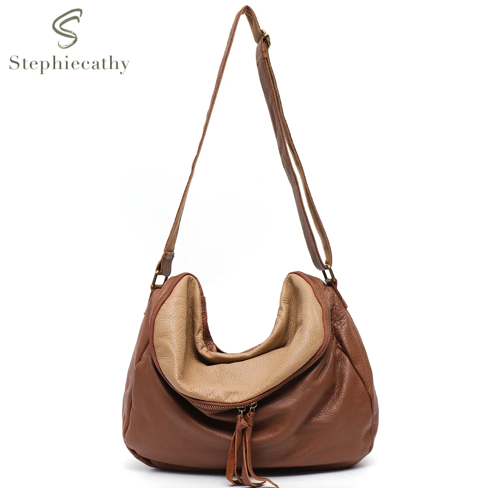 SC Large Capacity Genuine Leather Women Hobo Shoulder Bag Natural