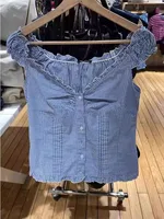 Blue Plaid Fungus T-shirt Women V Neck Single Breasted Puff Sleeve Slim Folds Tee Shirts Summer New Sweet Chic Casual Crop Tops - Image 2