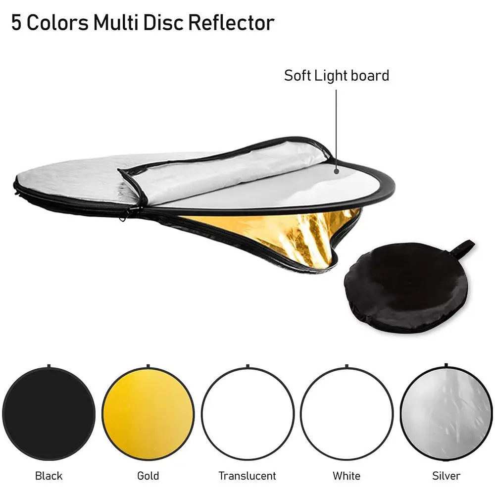 5 in 1 Collapsible Round Photography Reflector Photo Studio Outdoor Light Diffuser Multi-Disc With Carry Bag 30/60/80/110cm