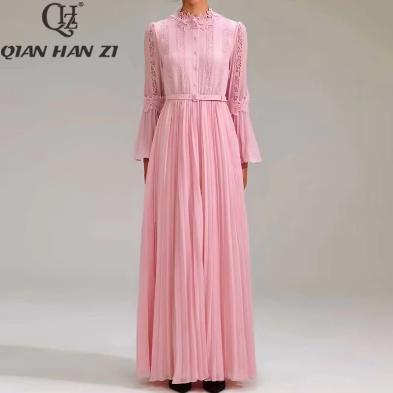 

QHZ Designer Fashion Elegant dresses for women 2023 Flared sleeve Vintage flower applique Lace Patchwork Pink pleated long dress
