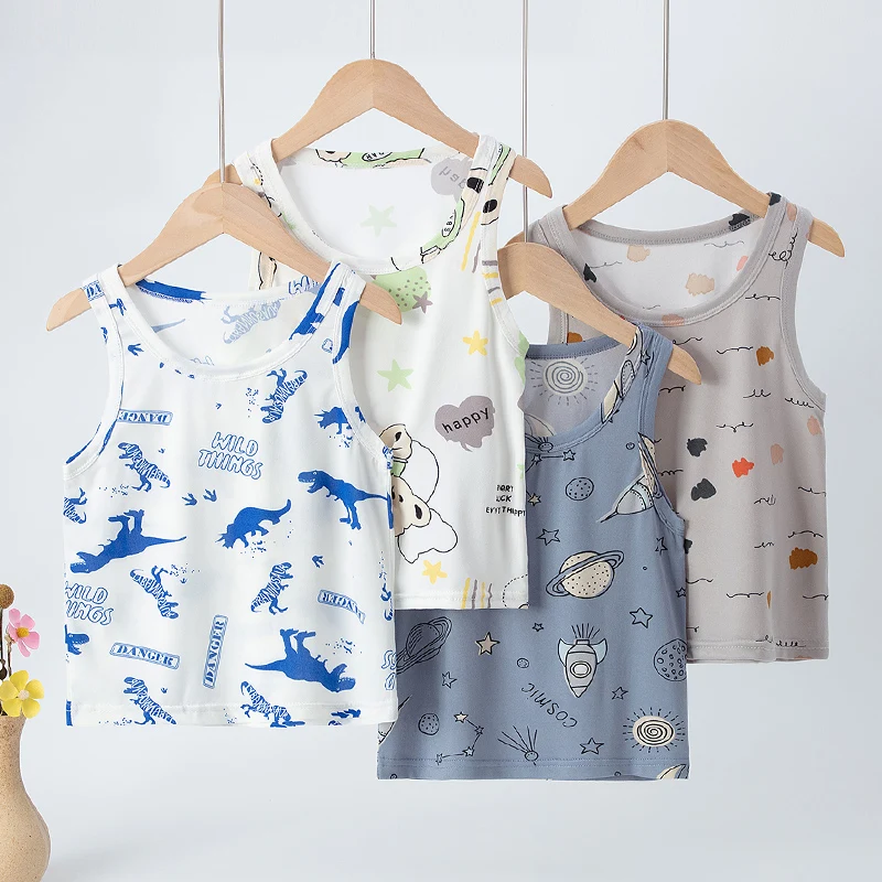4 Pcs Children's Four Seasons Cute Printed Vest Boy Casual Joker T-shirt Girl Fashion Bottoming T-shirt Multicolor Combination 2