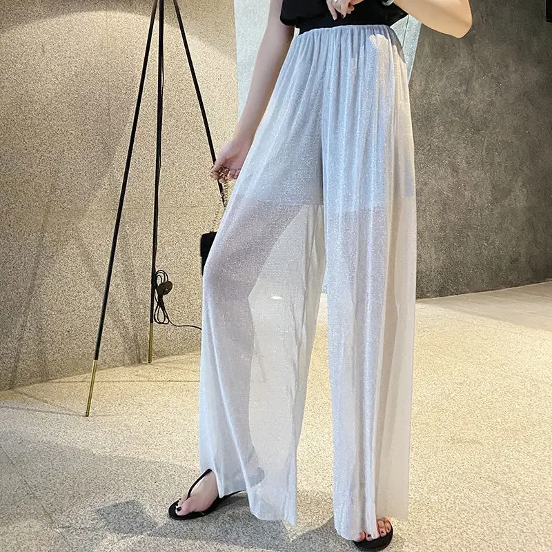 Beach Long Loose Mesh Sheer Pants Hot Korean Plus Size Summer Women White See Through Wide Leg High Waist Casual Trousers