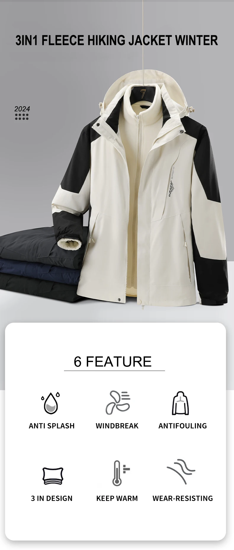 Description Picture 2 of itemCHRLCK Women's 3 In 1 Thick Hiking Jacket Fleece Waterproof Winter Windbreaker Outdoor Warm Camping Jacket Women Windproof Coat