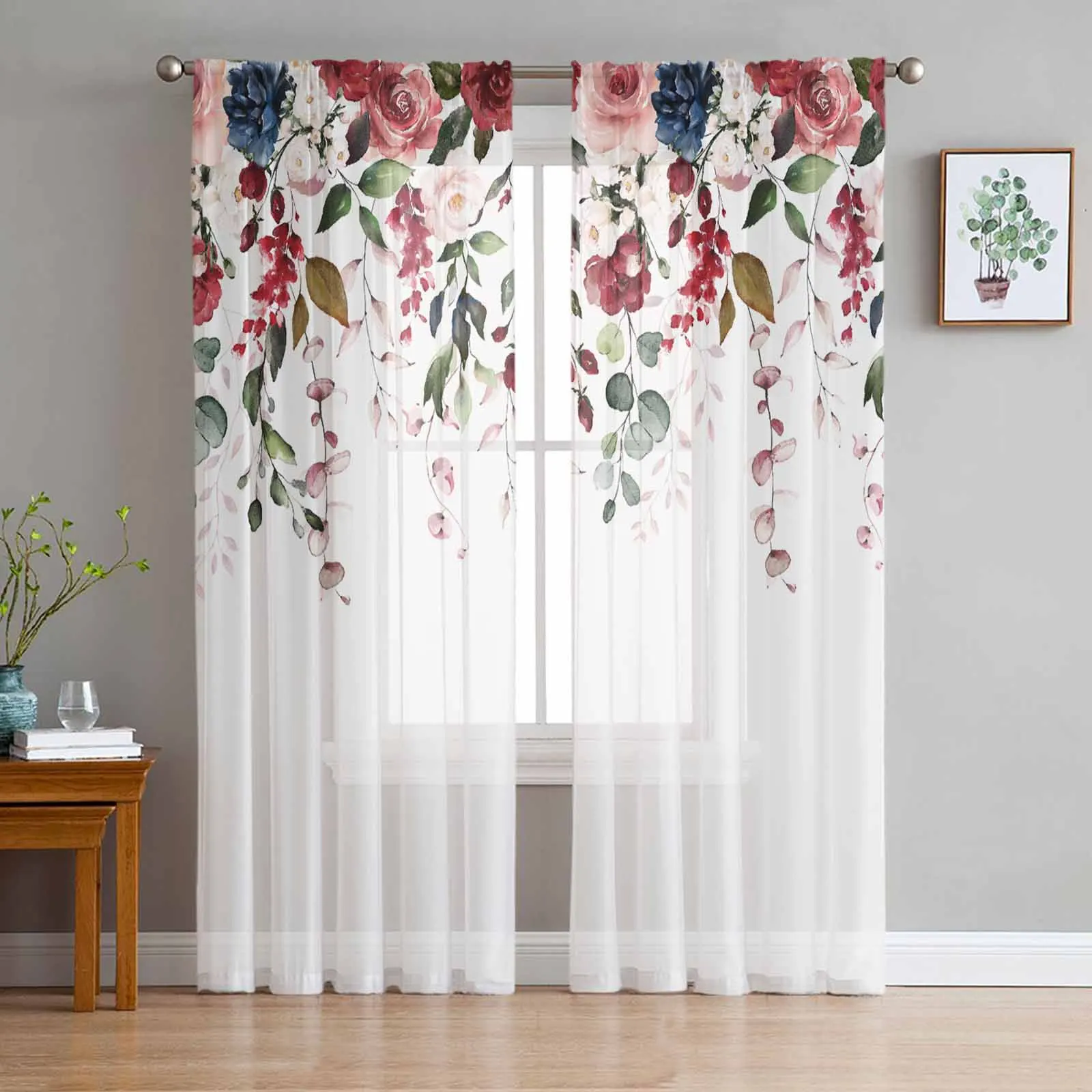 

Valentine'S Day Blue Rose Pink Rose Plant Tulle Voile Curtains for Bedroom Living Room Window Curtain Sheer Organza Drapes