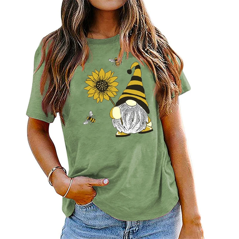 

Summer Casual Women's Short Sleeve T-Shirt Cute Sunflower Bee Old Man Print Women's Cotton Stretch T-Shirt