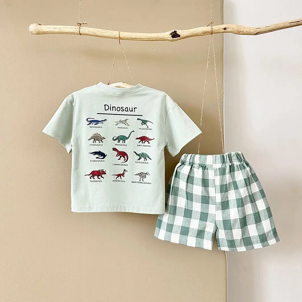 2024 Summer Infant Cotton Short Sleeves+Shorts Children Dinosaur Set Printed Boys Girls Casual Check Newborn Clothing 2