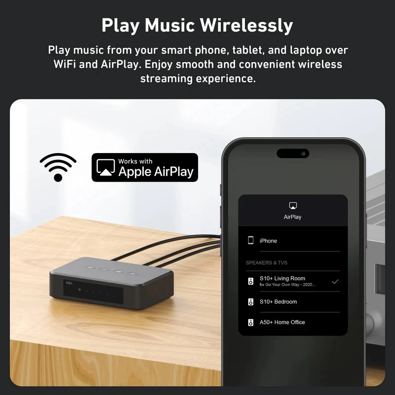 Arylic S10+ Wireless Music Streamer 3.5mm Jack Aux Bluetooth Audio Receiver for PC Audio Jack Adapter AUX Wireless for Multiroom